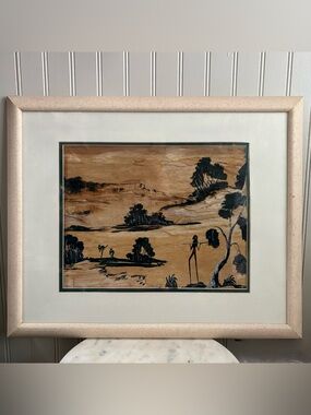 Vintage Australian Aboriginal Bark Art Landscape Painting Framed & Matted VTG